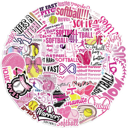 50PCS Pink Softball Stickers Sports Themed Party Stickers Softball Accessories Softball Gifts for Girls Vinyl Sticker Laptop Skateboard