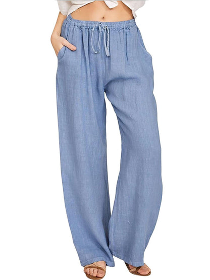 ebossy Womens Cotton Linen Pants Elastic High Waist Drawstring Wide Leg Lounge Palazzo Yoga Trousers (2X-Large Light Blue)