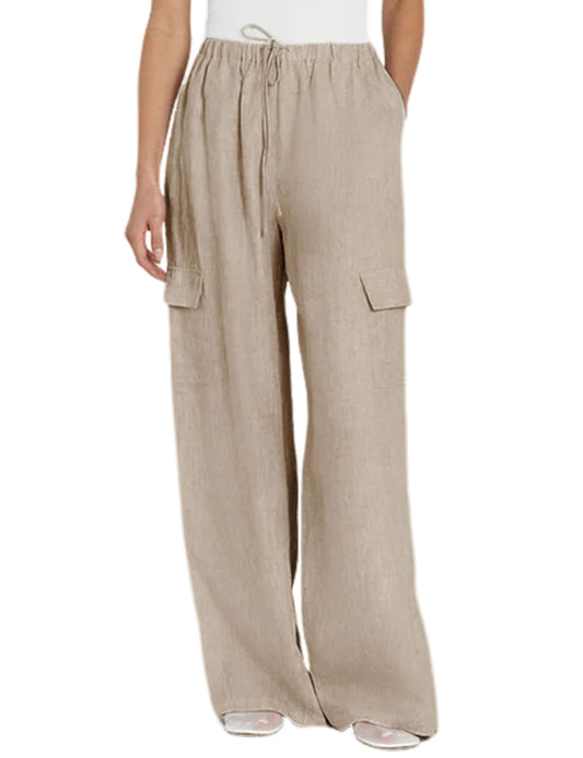 Xiaoxuemeng Womens Cotton Linen Wide Leg Pants Casual Elastic Waisted Cargo Pants with Pockets (Khaki-S)
