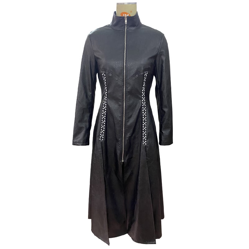 Women's Long PU Leather Jacket with Stand Collar