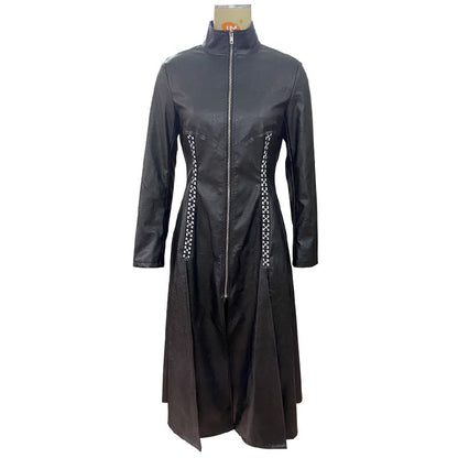 Women's Long PU Leather Jacket with Stand Collar