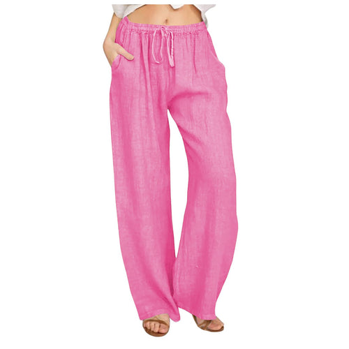 Borniu Womens Cotton Linen Pants Summer High Waisted Palazzo Pants Wide Leg Drawstring Elastic Waist Loose Comfy Trousers Watermelon Red