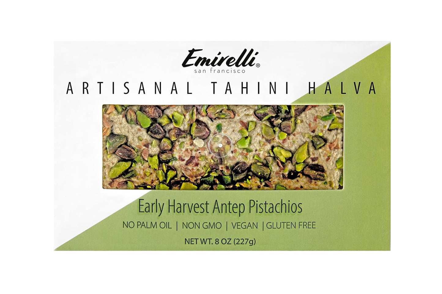 EMIRELLI: Artisanal Tahini Halva Early Harvest Antep Pistachios, 8 oz