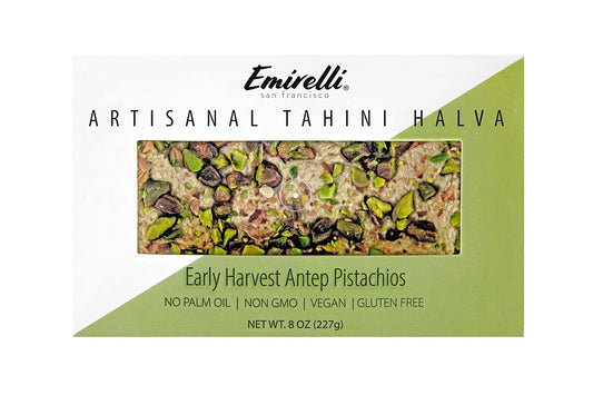 EMIRELLI: Artisanal Tahini Halva Early Harvest Antep Pistachios, 8 oz