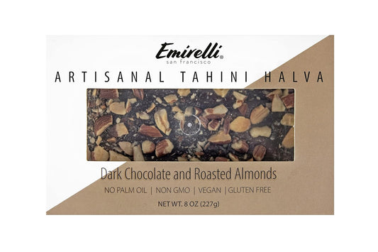 EMIRELLI: Artisanal Tahini Halva Dark Chocolate and Roasted Almonds, 8 oz