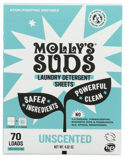 MOLLYS SUDS: Unscented Laundry Detergent Sheets 70L, 4.32 oz