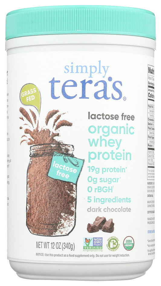 SIMPLY TERAS: Organic Whey Protein Dark Chocolate Lactose Free, 12 oz