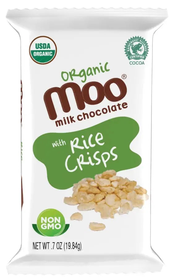 MOO ORGANIC CHOCOLATES: Milk Chocolate with Rice Crisps Mini Bars, 0.7 oz