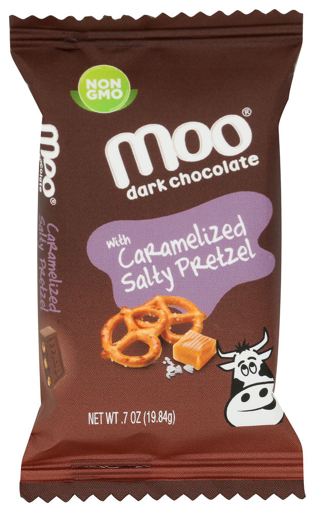 MOO ORGANIC CHOCOLATES: Dark Chocolate with Caramelized Salty Fretzel Mini Bars, 0.7 oz