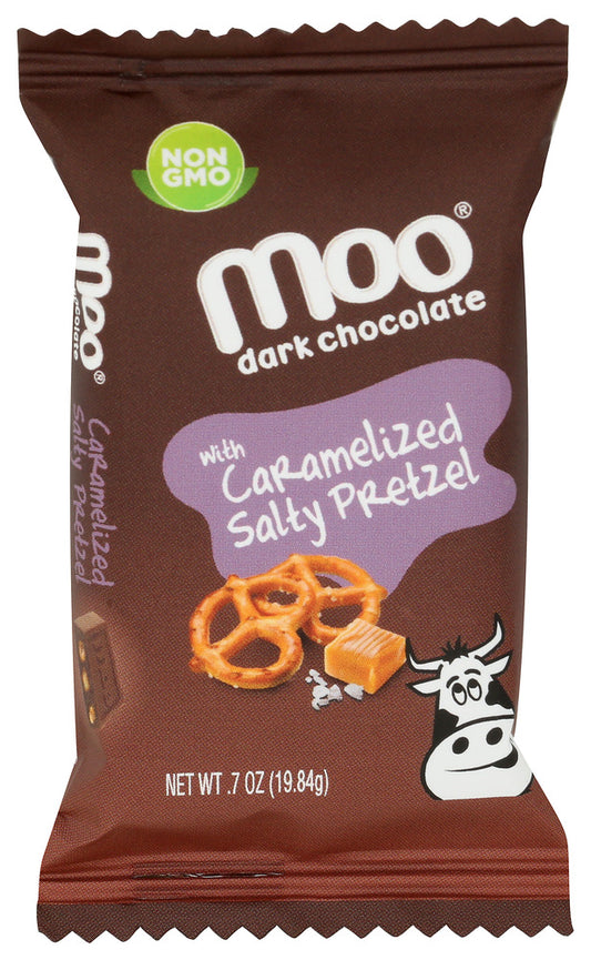 MOO ORGANIC CHOCOLATES: Dark Chocolate with Caramelized Salty Fretzel Mini Bars, 0.7 oz