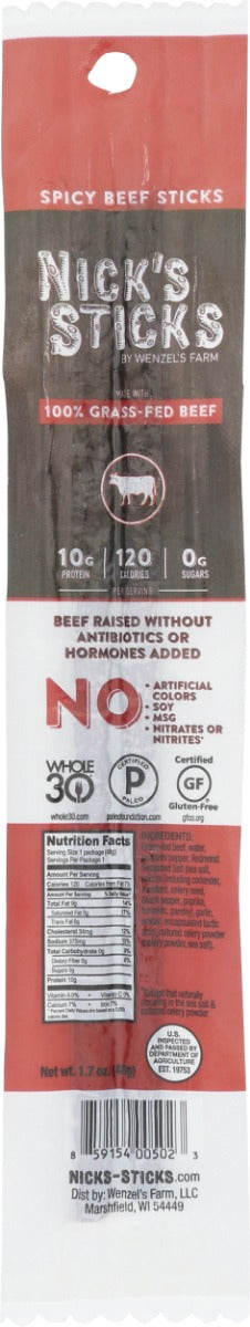 NICKS STICKS: Grass Fed Spicy Beef Snack Sticks, 1.7 oz