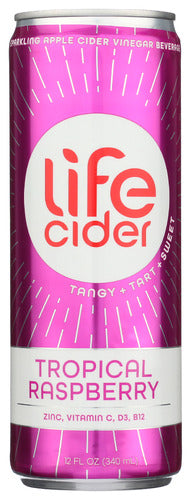 LIFE CIDER: Tropical Raspberry Sparkling Apple Cider Vinegar Lemonade, 12 fo