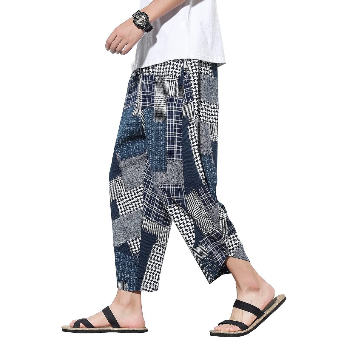 DOSLAVIDA Mens Casual Elastic Waist Linen Capri Pants Wide Leg Baggy Cotton Harem Yoga Trousers Loose Patchwork Shorts