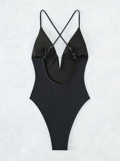 2023 Solid Color Deep V Cutout High-Waist Bikini