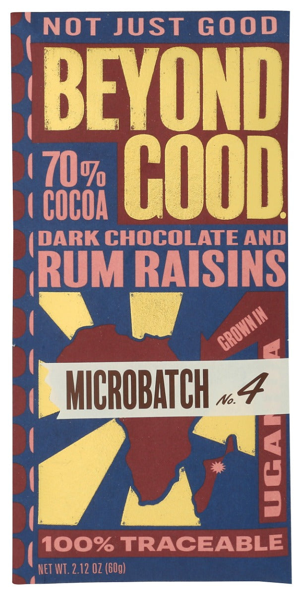 BEYOND GOOD: Microbatch 70% Dark Chocolate Bar with Rum Raisins, 2.12 oz