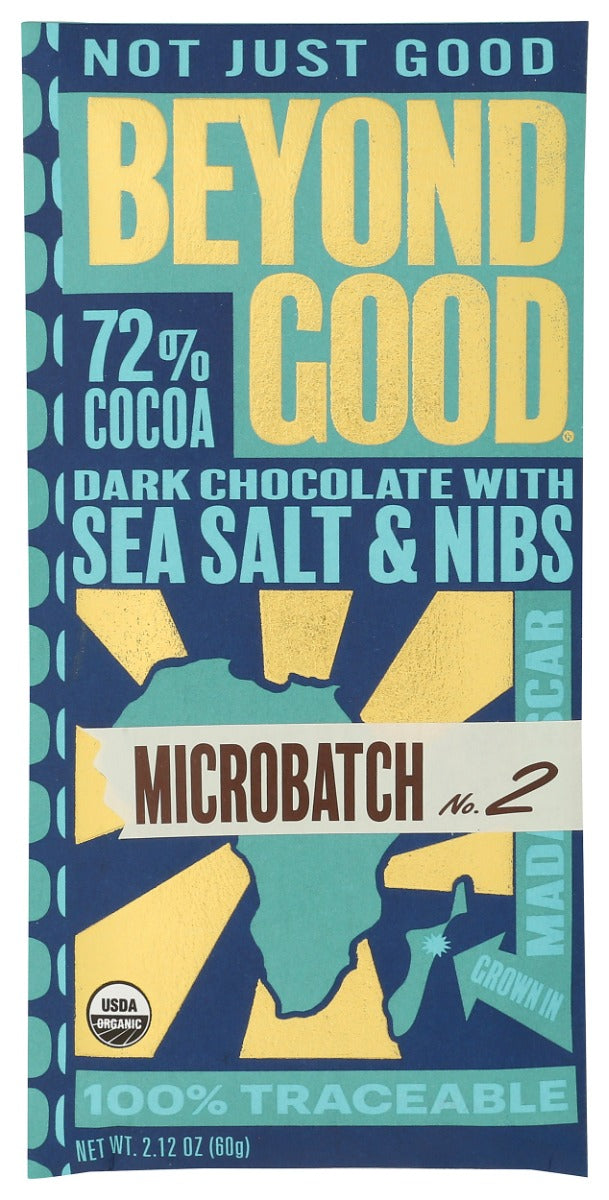 BEYOND GOOD: Microbatch 72% Dark Chocolate Bar with Sea Salt and Nibs, 2.12 oz