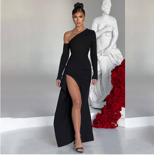 Knitted One-Shoulder Long Sleeve Split Dress for Women