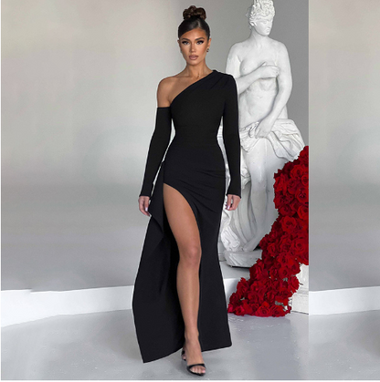 Knitted One-Shoulder Long Sleeve Split Dress for Women