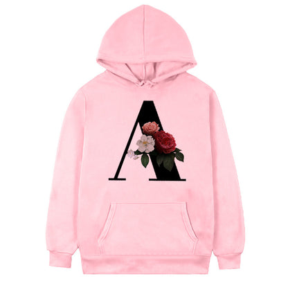 Women's Fleece Hoodie with 26-Letter Flower Print