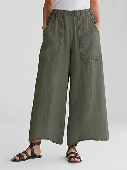 Wide Leg Cotton-Linen Pants with Pockets (One Piece)