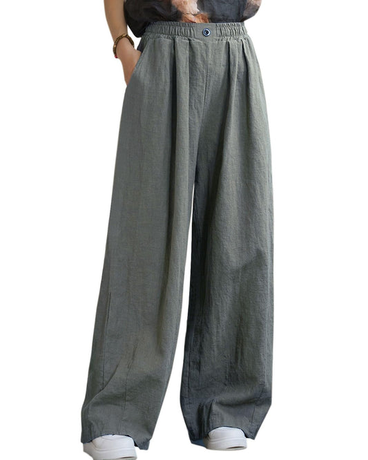 Aeneontrue Womens Linen Wide Leg Long Pants 2024 Casual Elastic Waist Summer Palazzo Trousers with Pockets Gray X-Large