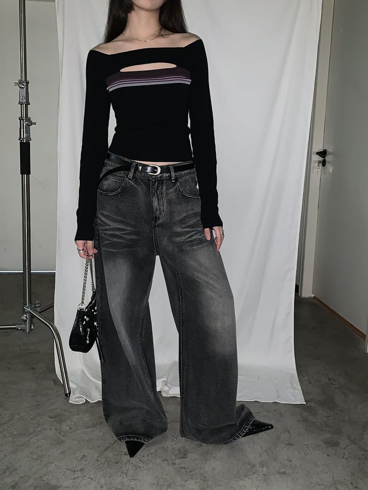 Retro High Waist Wide Leg Denim Casual Trousers