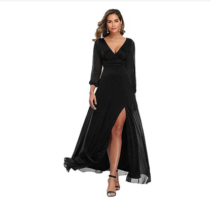 V-neck Long Sleeve Solid Color Dress with Slit Hem