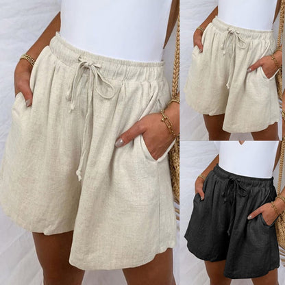 Casual Cotton-Linen Pocket Shorts with Elastic Waist