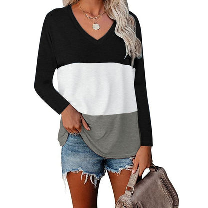 V-neck Long Sleeve Patchwork T-shirt