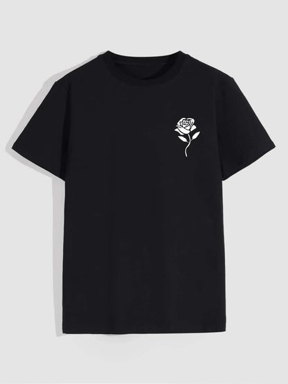 Men's Casual Crew Neck Rose Print T-Shirt (Regular/Oversize)