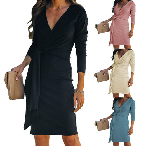 V-neck Striped Slim Fit Sexy Fashion Belt Dress
