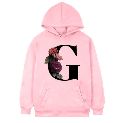 Women's Fleece Hoodie with 26-Letter Flower Print