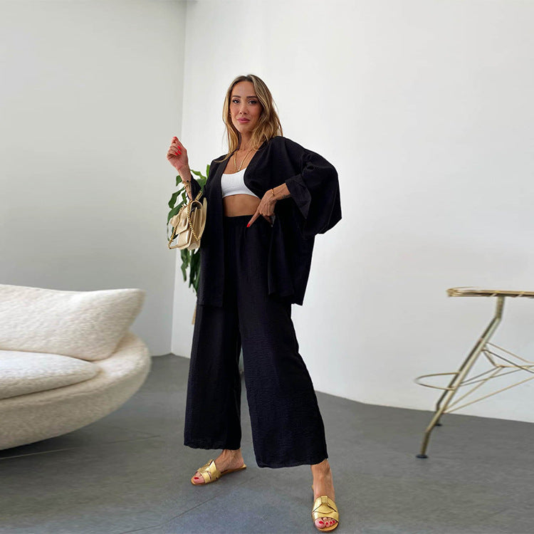 2023 Cotton Linen Cardigan & Wide Leg Pants Set