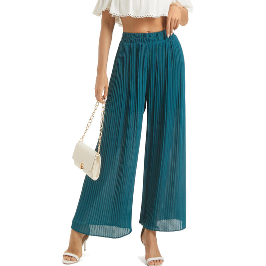Yanhalo Womens Wide Leg Dress Pant High Waist Casual Flowy Boho Trousers Pleated Chiffon Elastic Waist Pants with Pocket Green