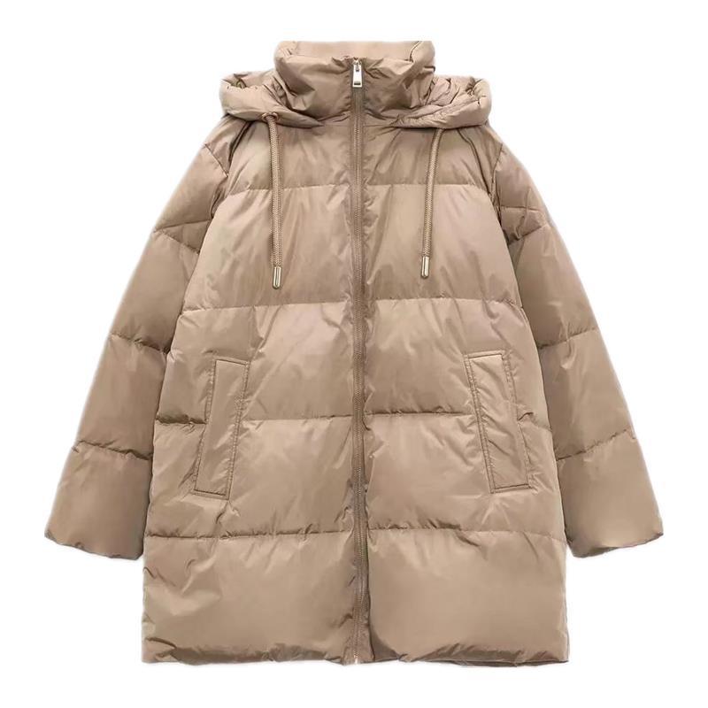 Women's Solid Color Down Jacket with Hood and Zipper
