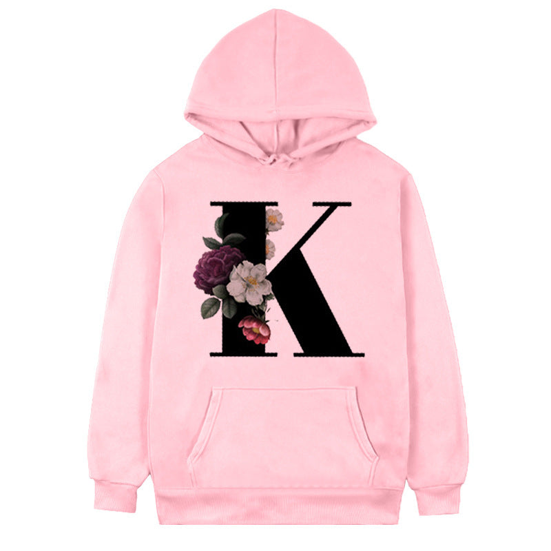 Women's Fleece Hoodie with 26-Letter Flower Print