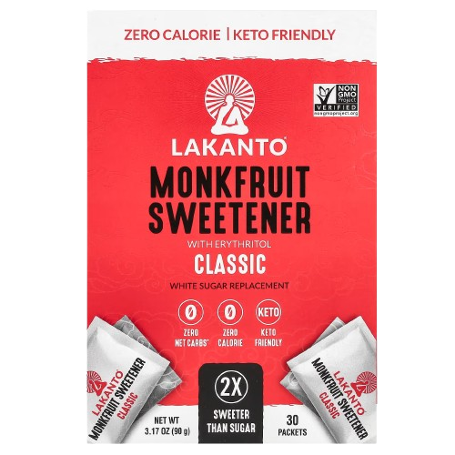 LAKANTO: Classic Monkfruit and Erythritol 2:1 Sweetener Packets White Sugar Replacement, 3.17 oz