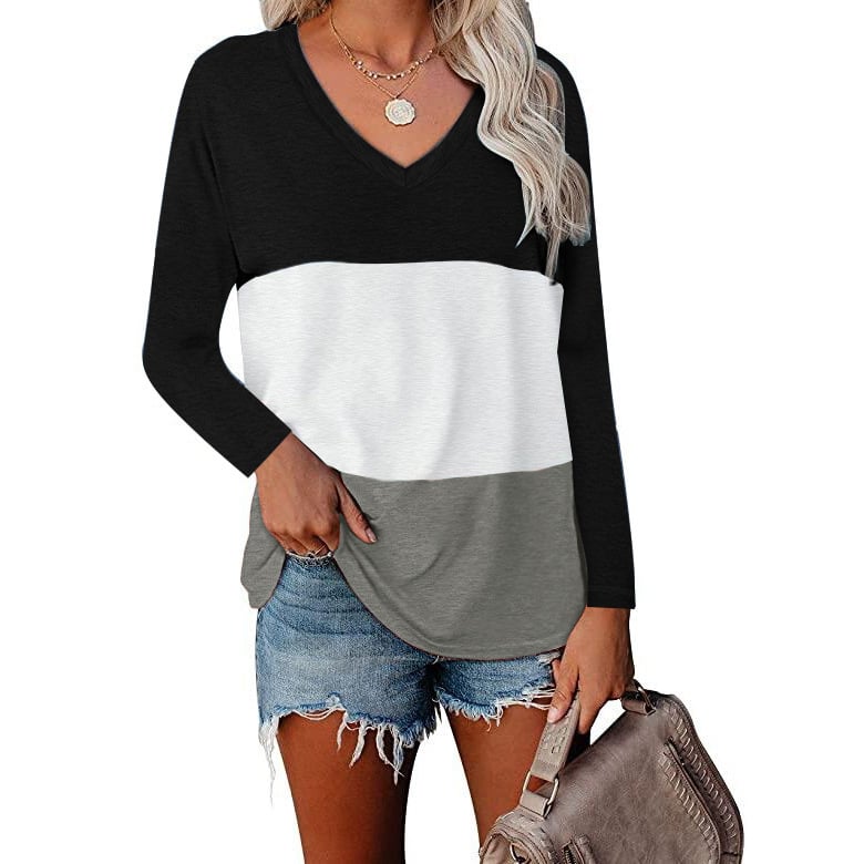 V-neck Long Sleeve Patchwork T-shirt
