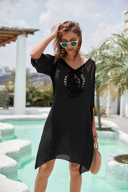 Sexy Black V-Neck Long Sleeve Beach Cover-Up Dress