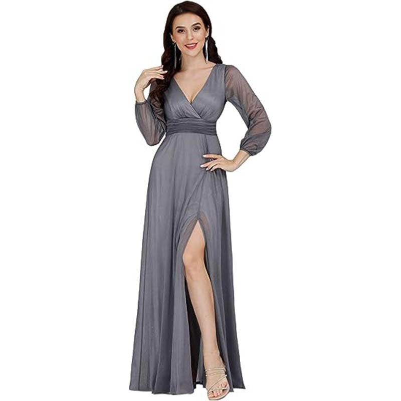 V-neck Long Sleeve Solid Color Dress with Slit Hem