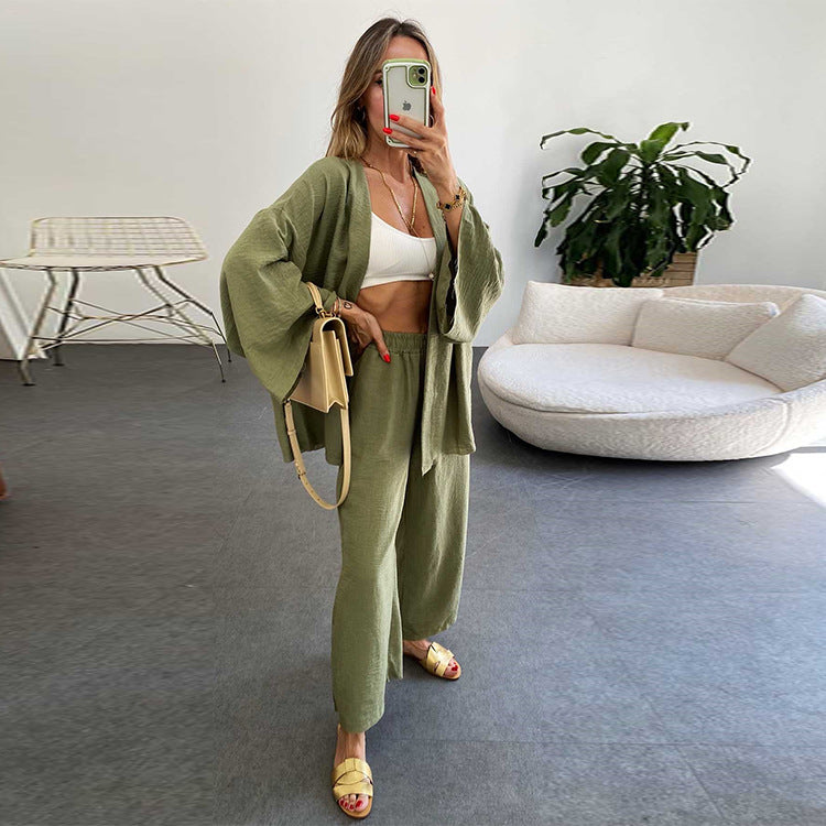 2023 Cotton Linen Cardigan & Wide Leg Pants Set