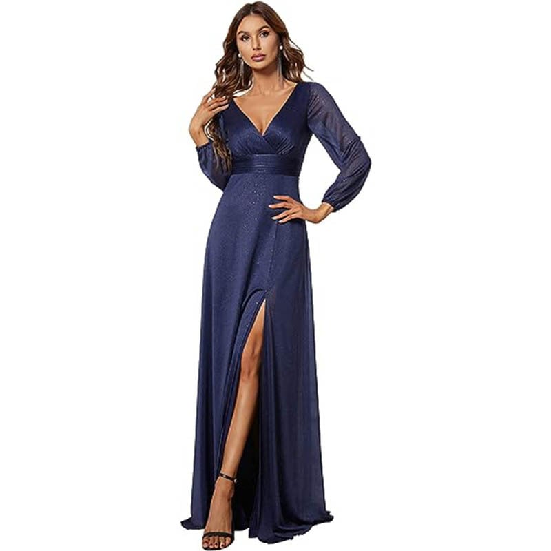 V-neck Long Sleeve Solid Color Dress with Slit Hem