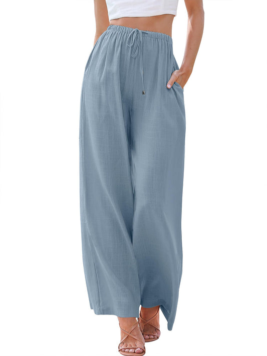 ANRABESS Womens Linen Summer Palazzo Pants Elastic Waist Casual Beach Trendy Wide Leg Trousers with Pockets XX-Large Blue