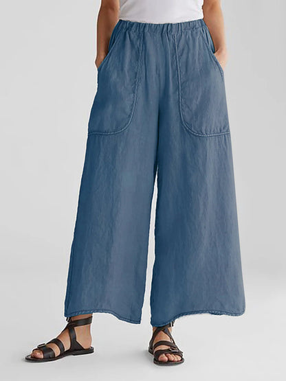 Wide Leg Cotton-Linen Pants with Pockets (One Piece)