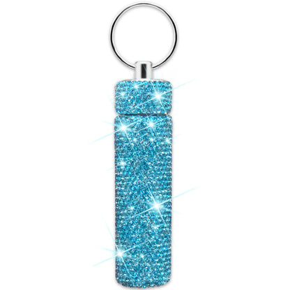 Yuchew Bling Pill Case Pill Container Rhinestone Pill Box Portable Waterproof Pocket Pill Holder Bottle Storage with Keychain for Travel Outdoor Camping (Blue)