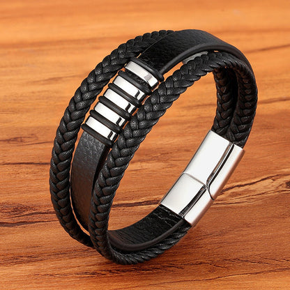 Men's Multi-Layer Braided Leather Bracelet in Stainless Steel