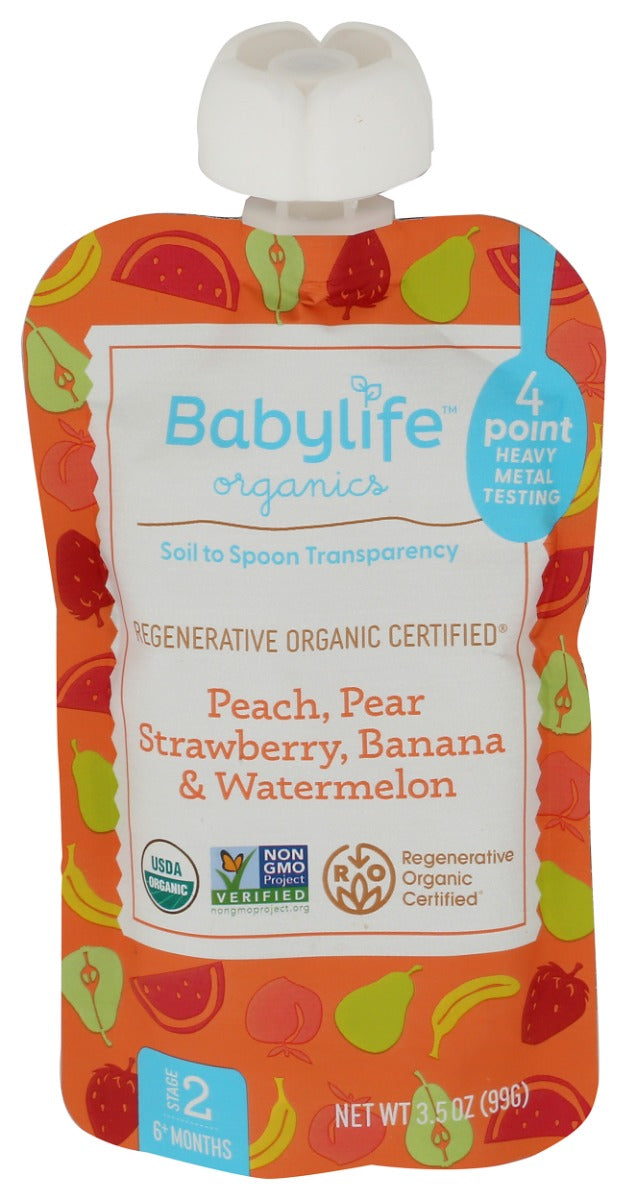 BABYLIFE ORGANICS: Peach Pear Strawberry Banana Watermelon Pouch, 3.5 oz