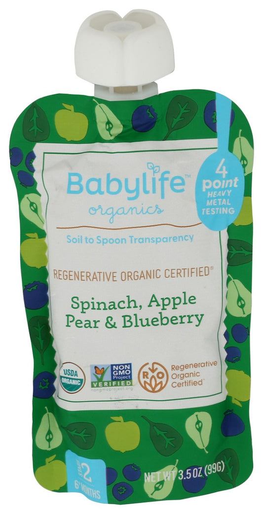 BABYLIFE ORGANICS: Spinach Apple Pear Blueberry Pouch, 3.5 oz