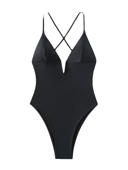 2023 Solid Color Deep V Cutout High-Waist Bikini