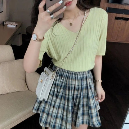 Summer Loose Fit Chicken Heart Collar Ice Silk T-Shirt